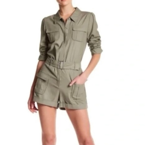 Frame Utility Silk Short Jumpsuit Romper, Olive Green, Size Medium, $350 Retail - Picture 1 of 8